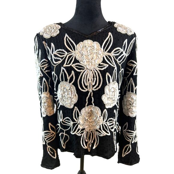 Vintage Leslie Fay Black Beaded Silk Sequin White Floral Formal Top NWT - Picture 4 of 15